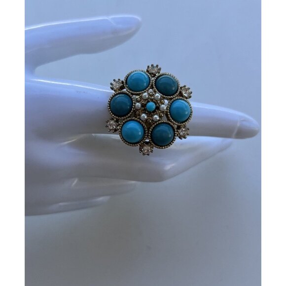 Vintage Size 6.5 Silver Oval Turquoise Pearl White Stone Faux Ring Western Style - Picture 3 of 11